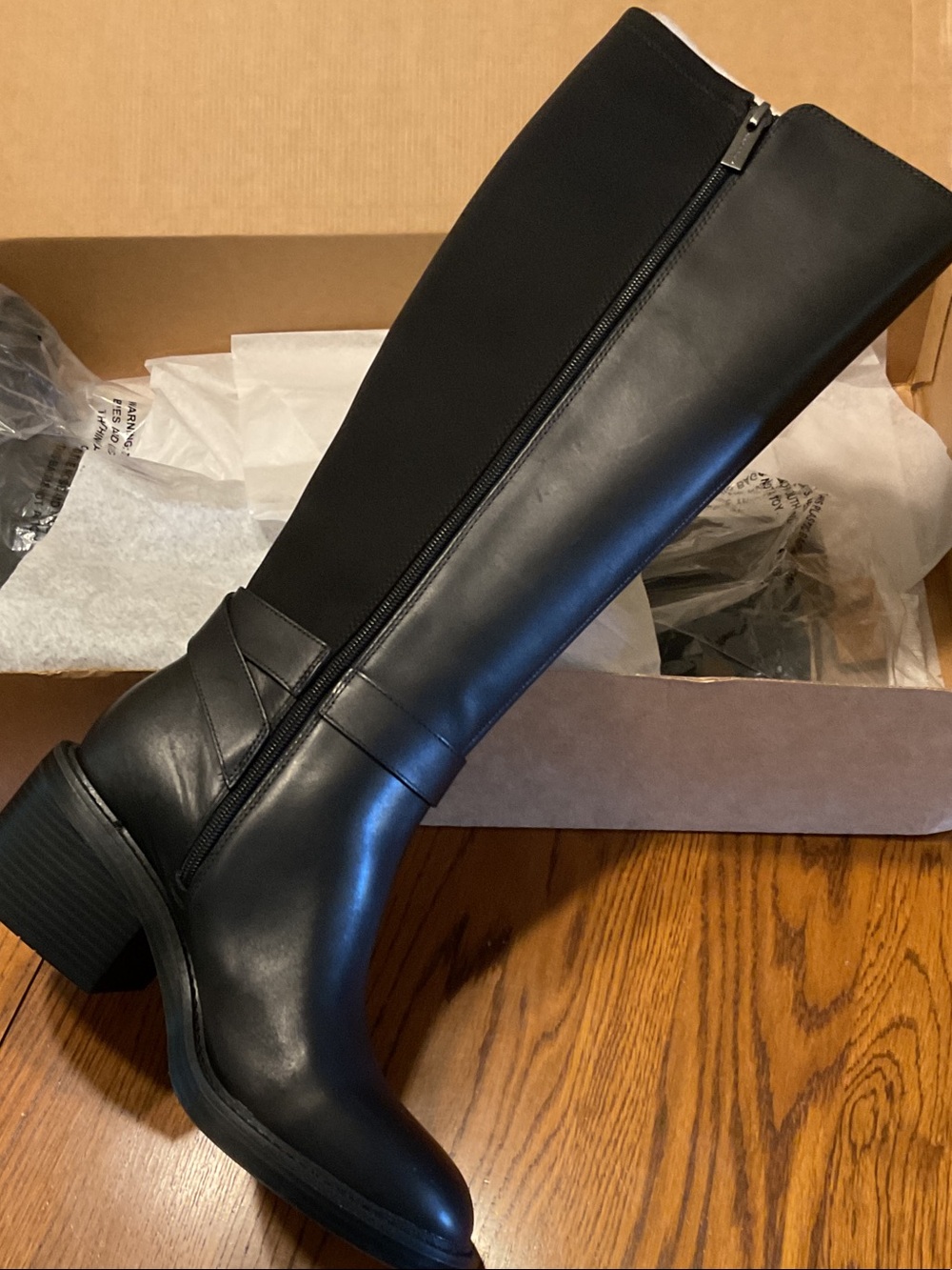 New Vince Camuto Black Leather Knee-High Buckle Boots, Stretch Fabric Back - Picture 6 of 8